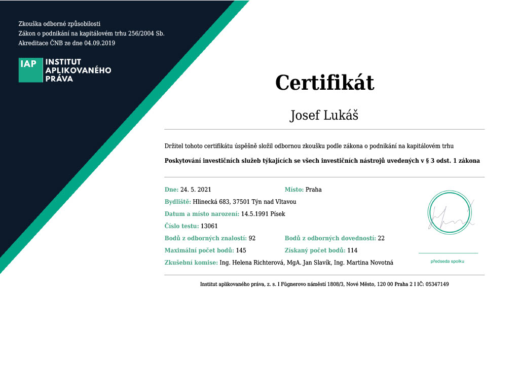 Josef Lukáš certifikát