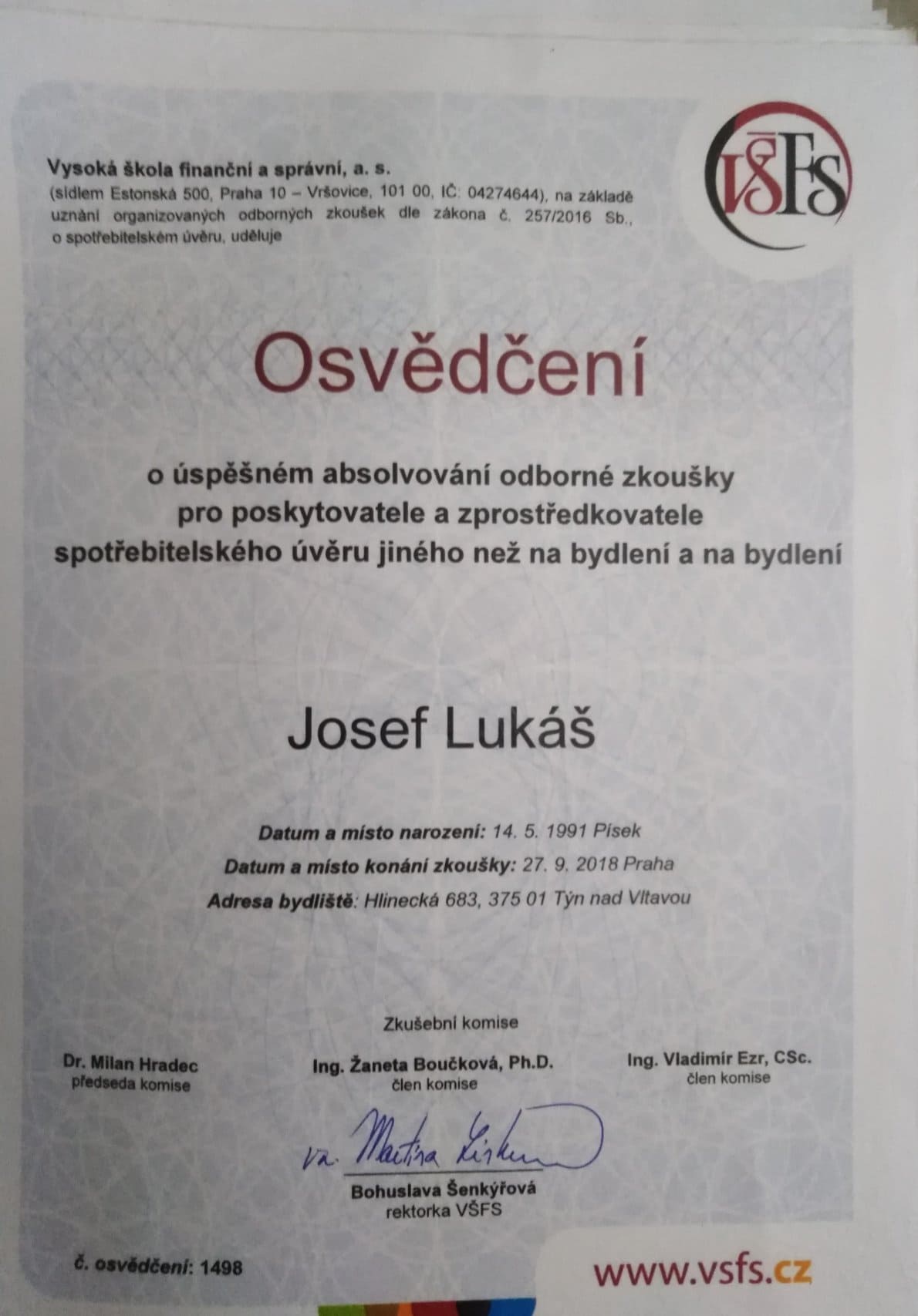 Josef Lukáš osvědčení
